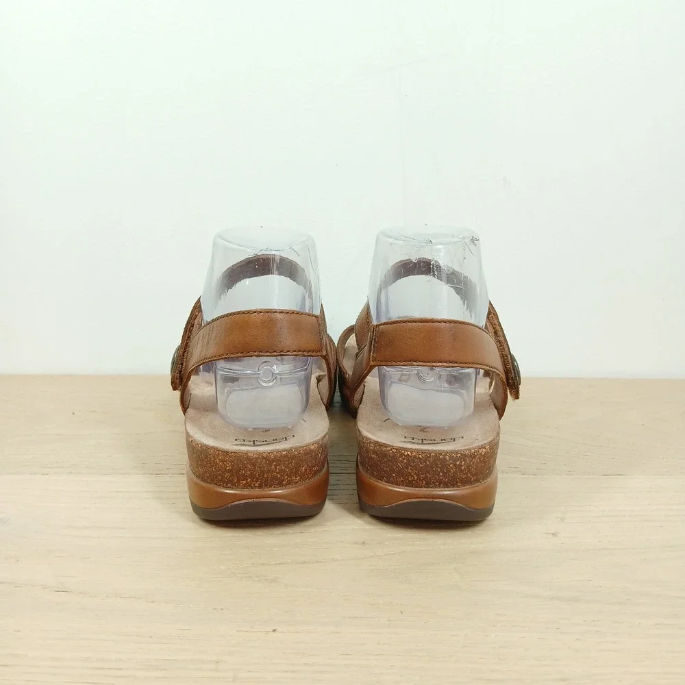 Dansko Wedge Sandals Women's 9.5 Reece Tan Brown Leather Floral Laser Cut